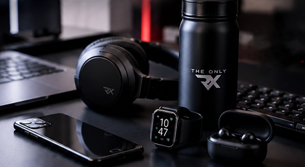 Fone de ouvido, garrafa térmica, smartwatch, fones sem fio e celular sobre uma mesa de trabalho escura